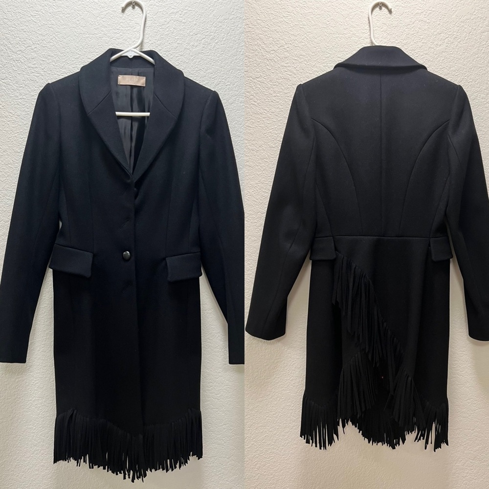 Alaia Wool Blend Fringe Single Breasted Black Coat
